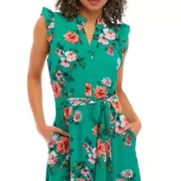 Women's Printed Pebble Crepe Ruffle Neck Button Down Midi Flounce Shirtdress - Picture 1 of 4